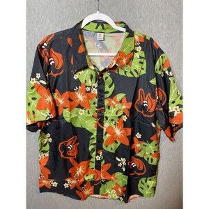 O's Men's Adult XL Hawaiian Shirt Black Orange Green Floral Duck Mascot Casual